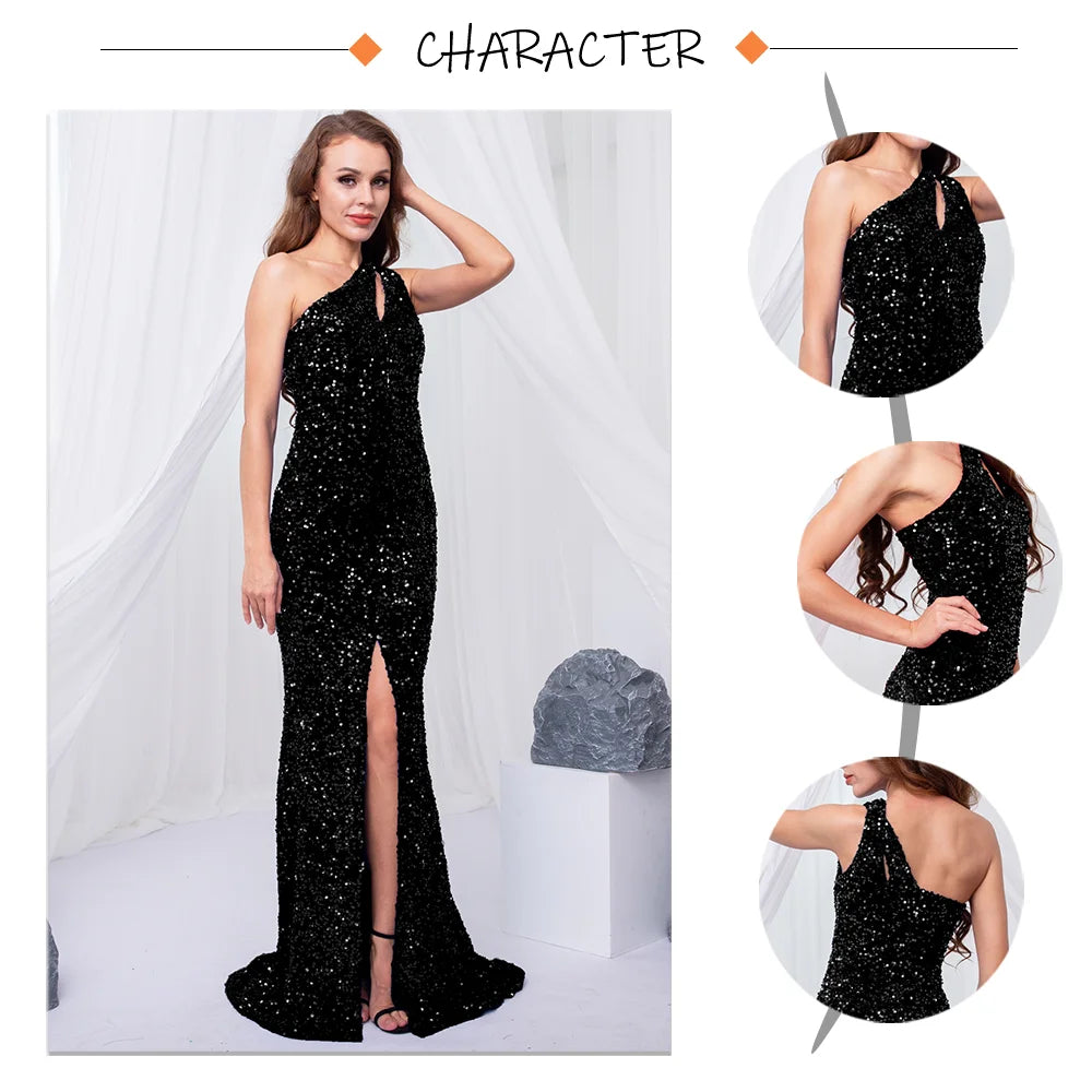 Romagic Shiny Royal Hollow Out Velvet Cocktail Prom Gown Stretchy Slit Leg One Shoulder Sleeveless