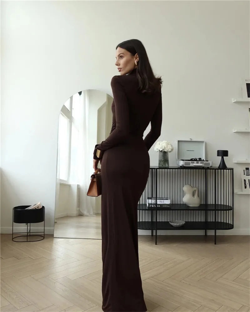Turtleneck Thigh High Split Sexy Maxi Dress For Women Fashion Long Sleeve Draped Bandage