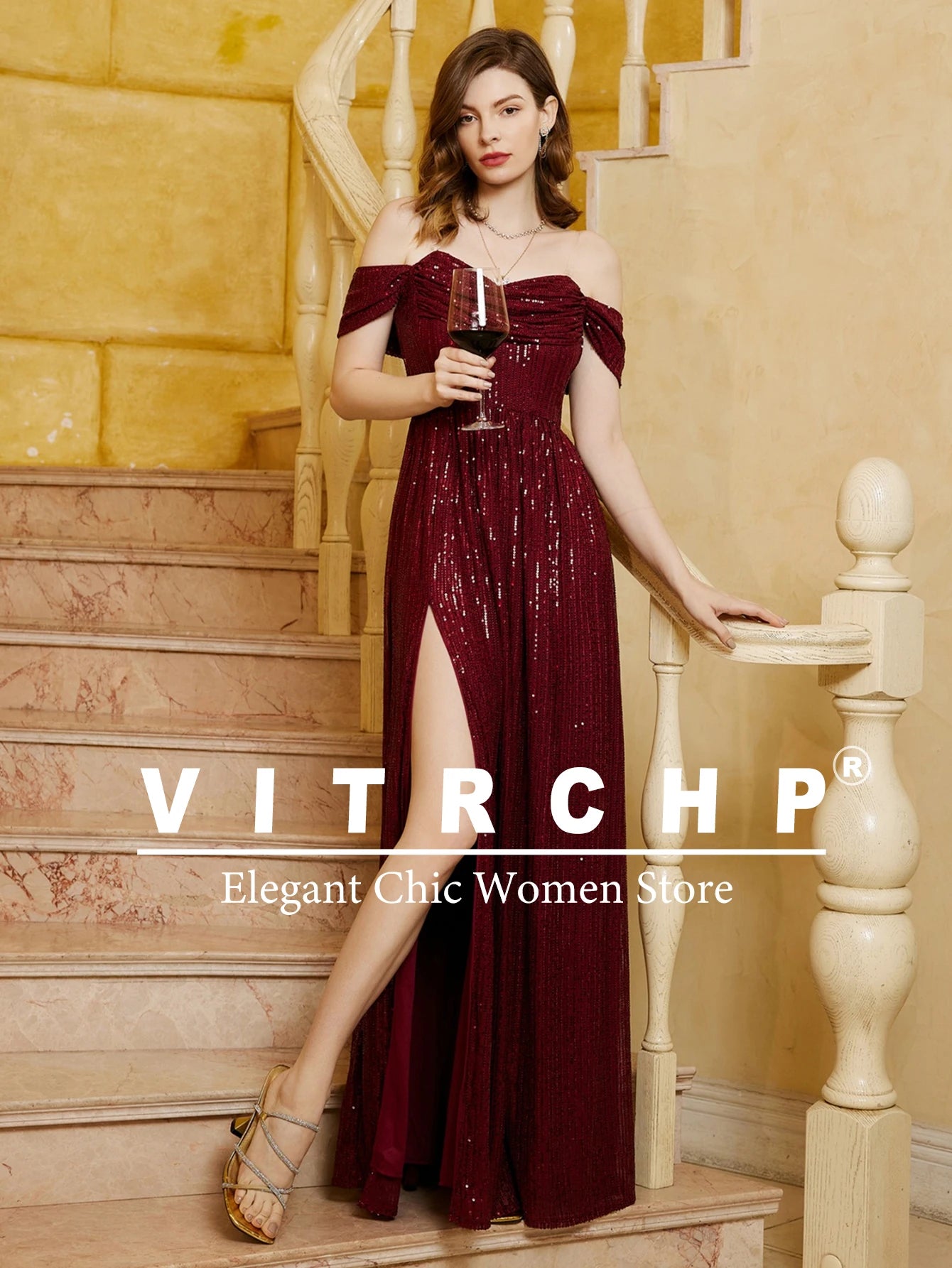 VITRCHP Luxury Evening Dress A-Line Floor Length Backless Split Sequins Long Prom Cocktail Dress