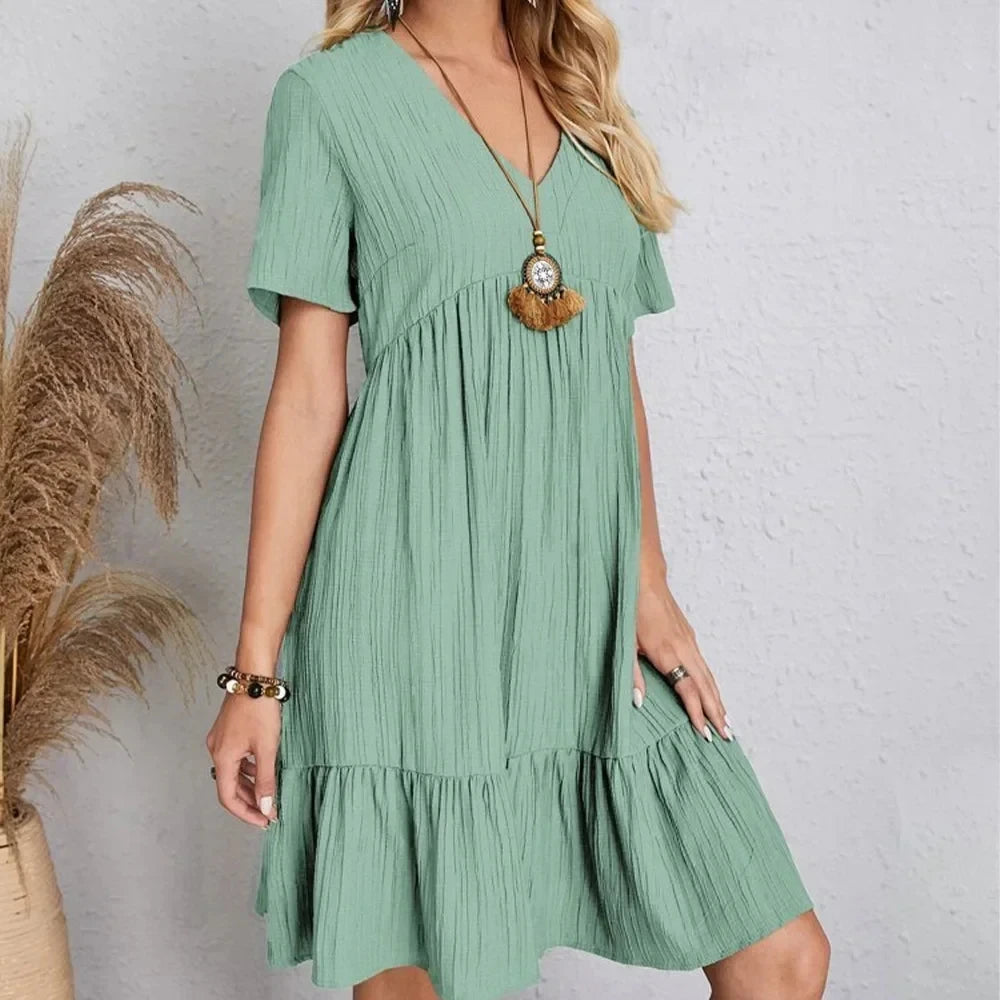 Women Summer Peplum Dresses V-Neck Short Sleeve Loose Waist Ruffle Fit Flare