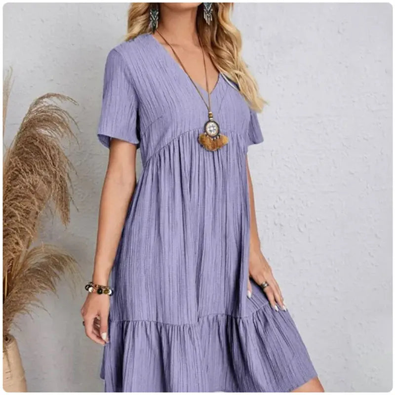 Women Summer Peplum Dresses V-Neck Short Sleeve Loose Waist Ruffle Fit Flare