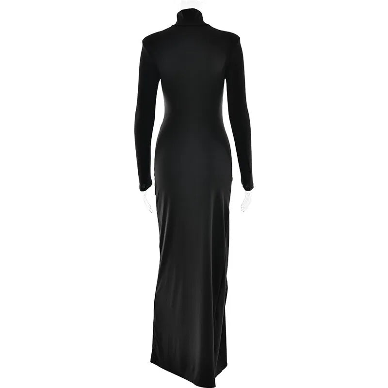 Turtleneck Thigh High Split Sexy Maxi Dress For Women Fashion Long Sleeve Draped Bandage