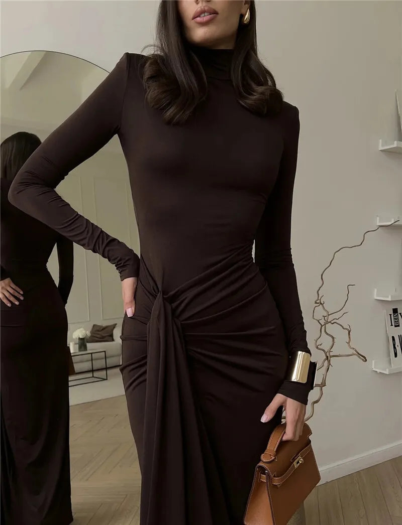 Turtleneck Thigh High Split Sexy Maxi Dress For Women Fashion Long Sleeve Draped Bandage