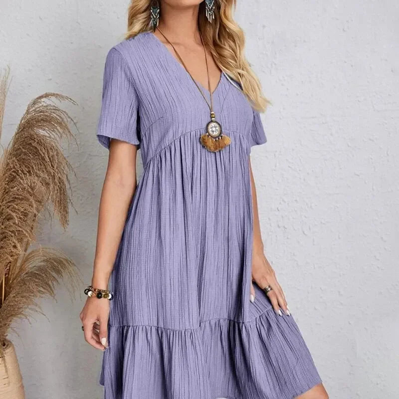 Women Summer Peplum Dresses V-Neck Short Sleeve Loose Waist Ruffle Fit Flare