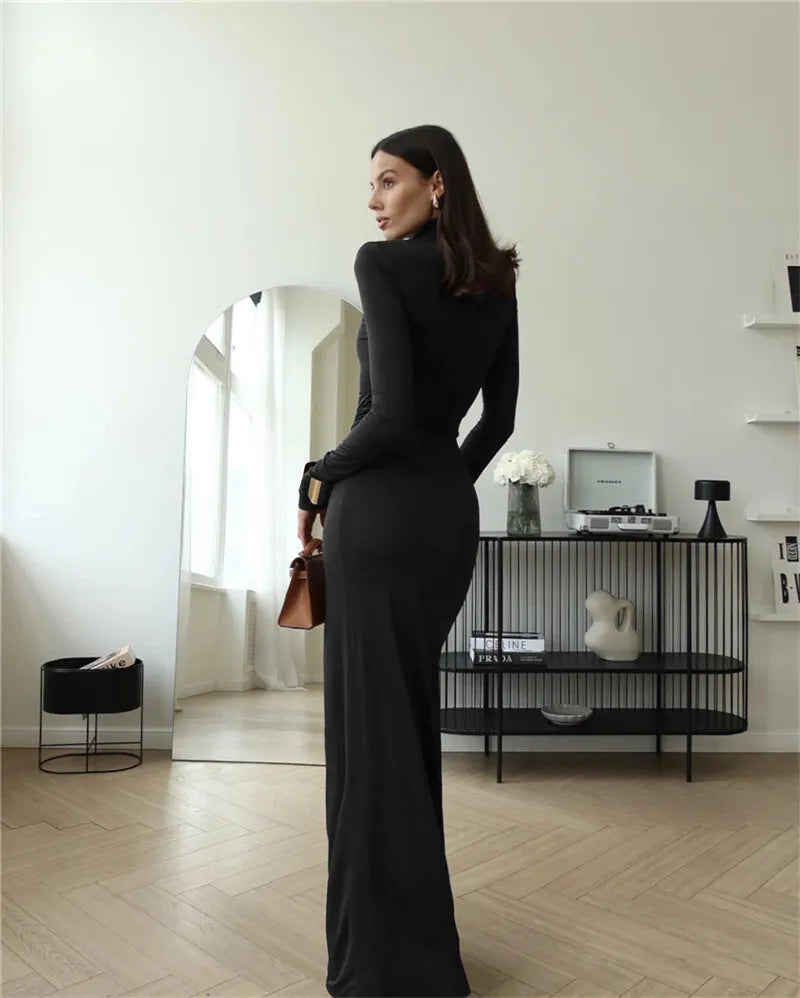 Turtleneck Thigh High Split Sexy Maxi Dress For Women Fashion Long Sleeve Draped Bandage