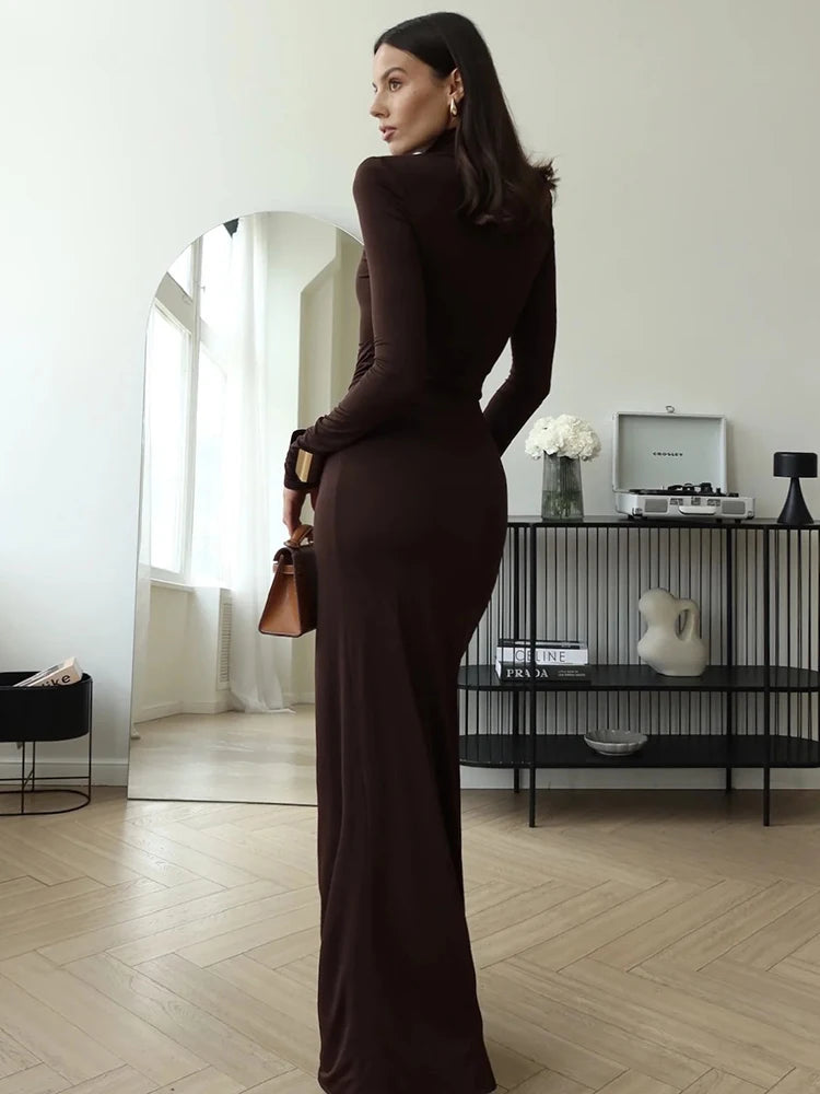 Turtleneck Thigh High Split Sexy Maxi Dress For Women Fashion Long Sleeve Draped Bandage