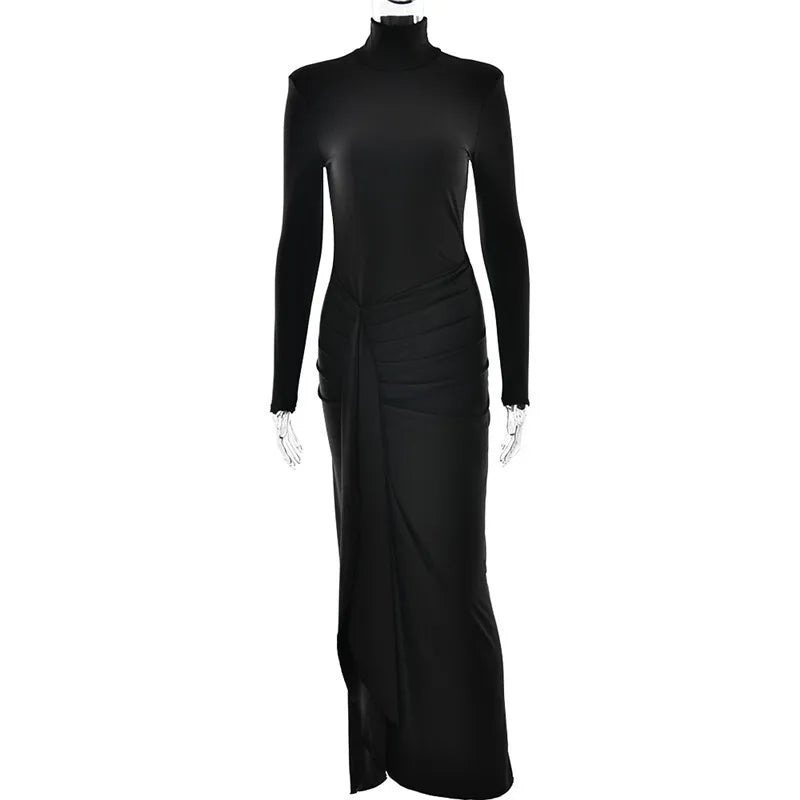 Turtleneck Thigh High Split Sexy Maxi Dress For Women Fashion Long Sleeve Draped Bandage