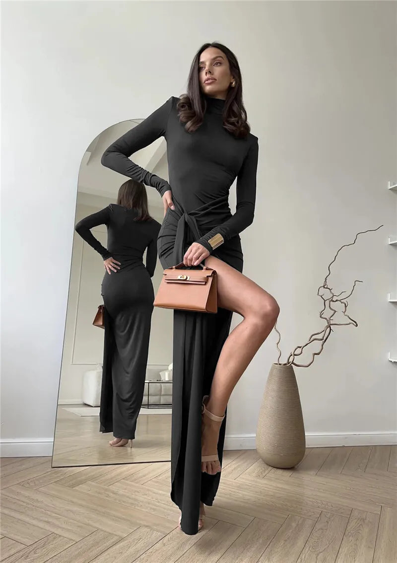 Turtleneck Thigh High Split Sexy Maxi Dress For Women Fashion Long Sleeve Draped Bandage