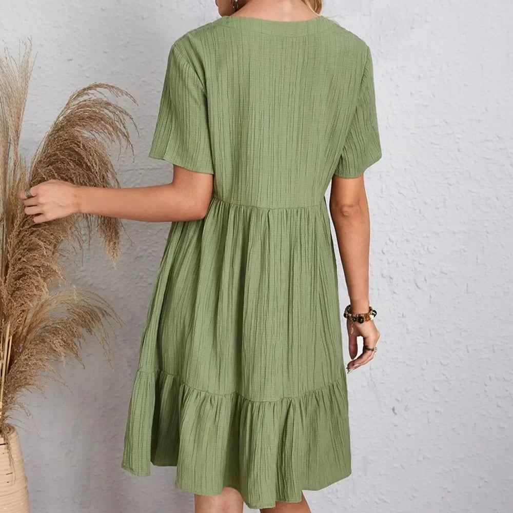 Women Summer Peplum Dresses V-Neck Short Sleeve Loose Waist Ruffle Fit Flare
