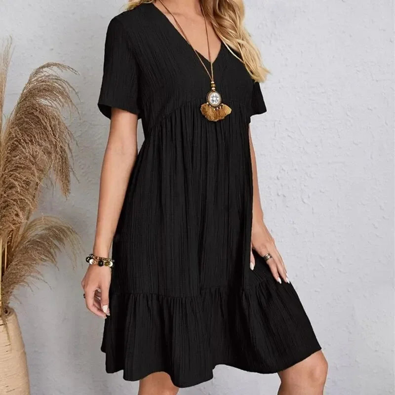 Women Summer Peplum Dresses V-Neck Short Sleeve Loose Waist Ruffle Fit Flare