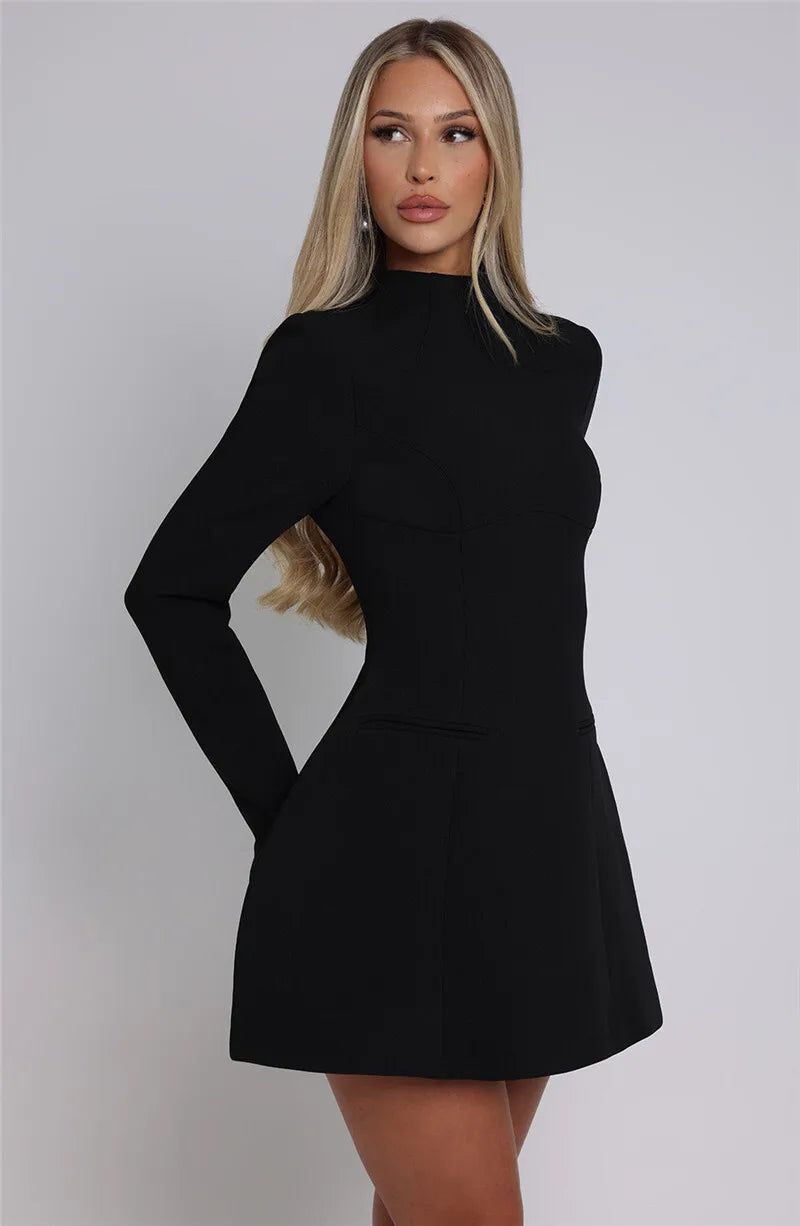 Mozision Long Sleeve Backless Sexy Mini Dress For Women O Neck High Waist A-line