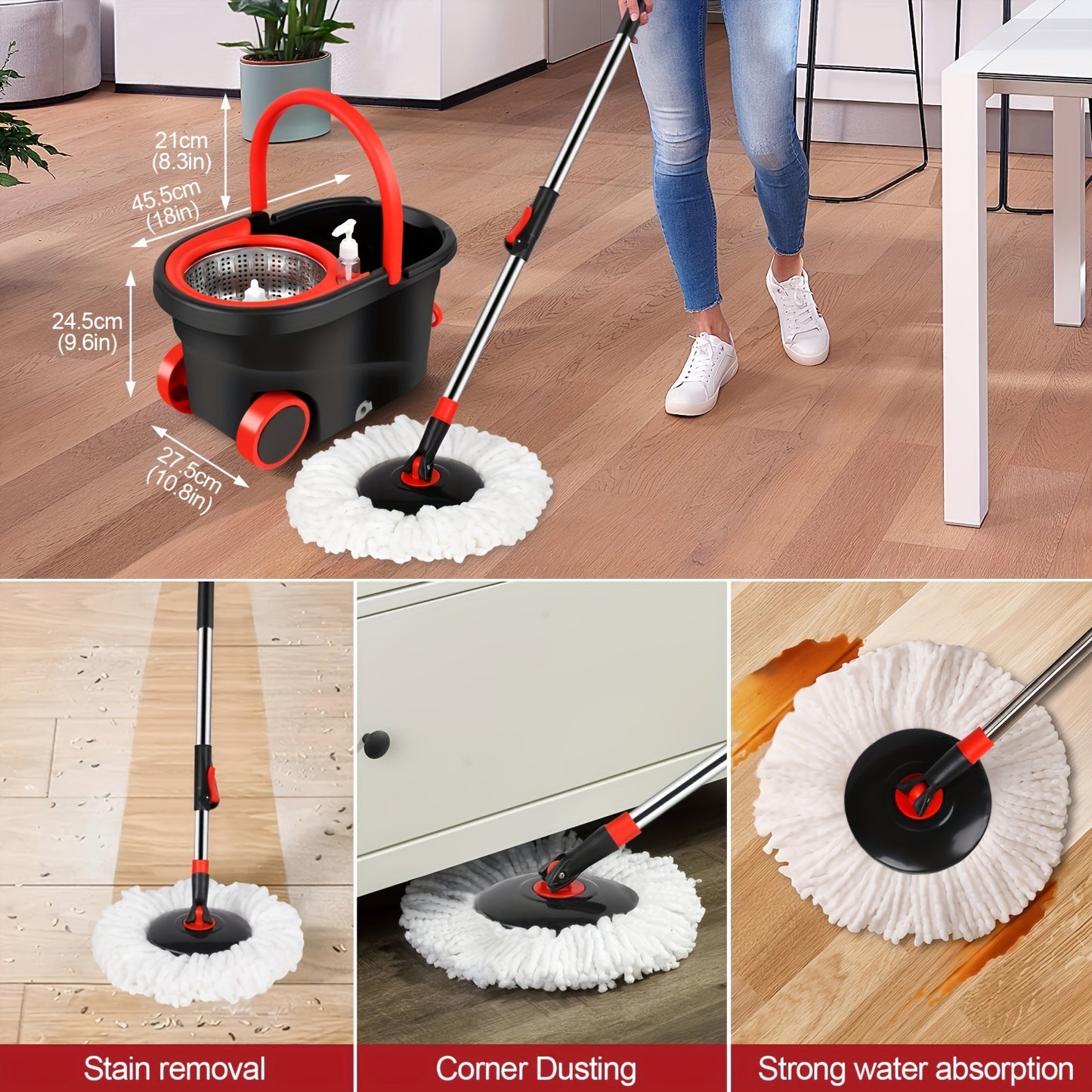 Spin Mop and Bucket with Wringer Set on Wheels, 360° Spinning Mop Bucket System with 3 Microfiber Mop Replacement Heads - Veloxea
