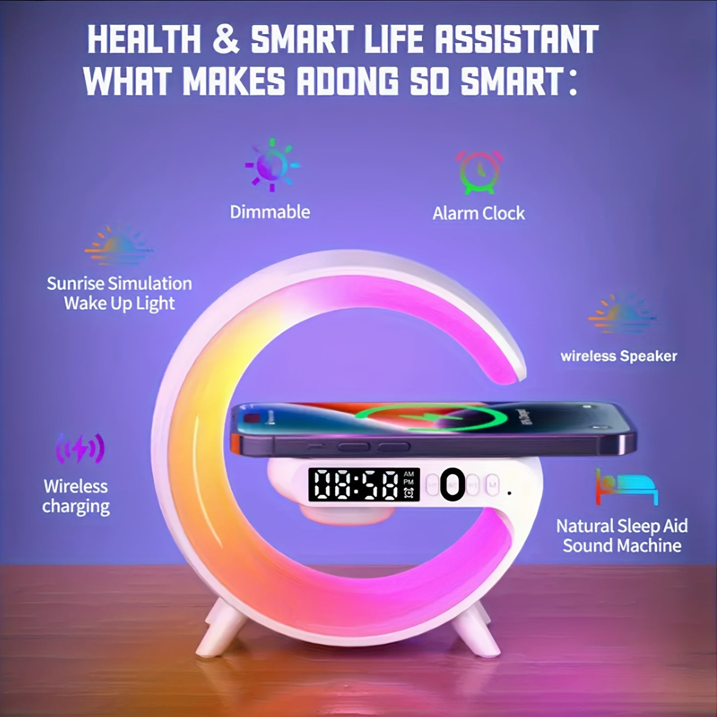 Wireless Speakers With Wireless Fast Charging, Rhythm RGB Light, Bar Smart Light, Sunrise Alarm Clock, Wake Up Light For Bedrooms, Dimmable Table Lamp. - Veloxea