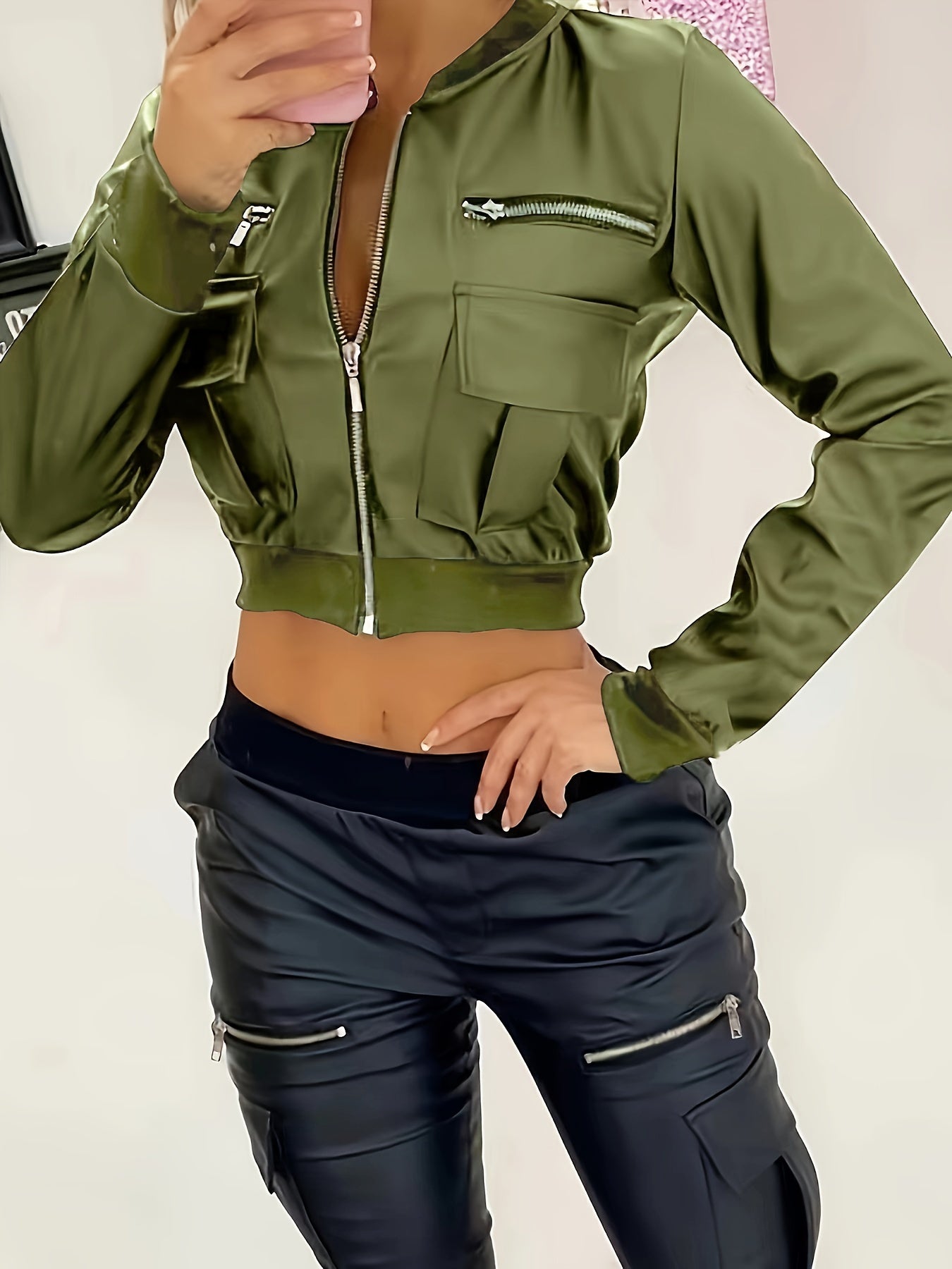 Zipper Solid Crop Jacket, Y2K Long Sleeve Jacket For Spring & Fall, Women's Clothing - Veloxea