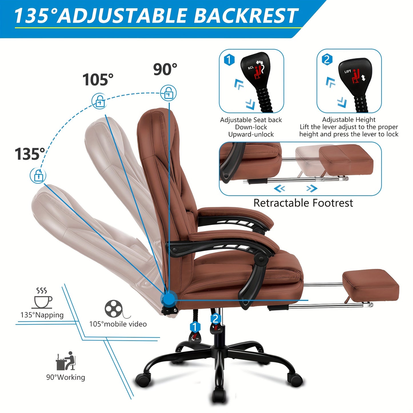 Actflame Executive Office Chair with Footrest, Big and Tall Reclining Leather Chair, High Back Ergonomic Desk Computer Game Chair for Home Office - Veloxea