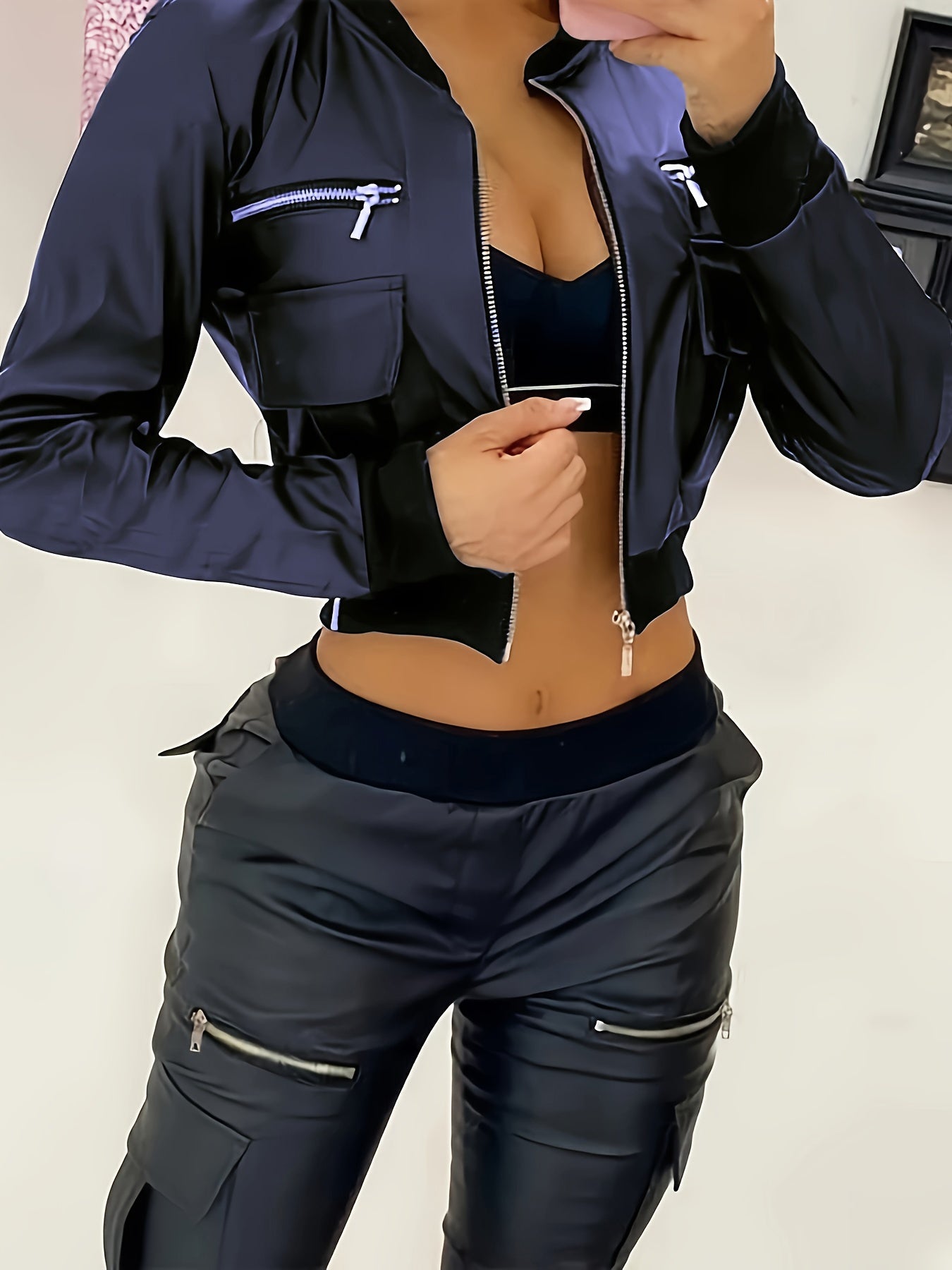 Zipper Solid Crop Jacket, Y2K Long Sleeve Jacket For Spring & Fall, Women's Clothing - Veloxea