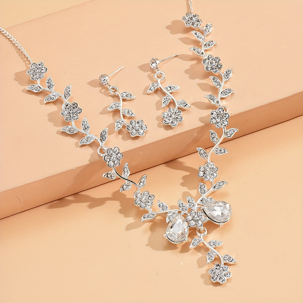 3pcs Earrings Plus Necklace Elegant Jewelry Set Inlaid Sining Zircon Dainty Flower Design Silvery Or Golden Make Your Call Evening Party Decor - Veloxea