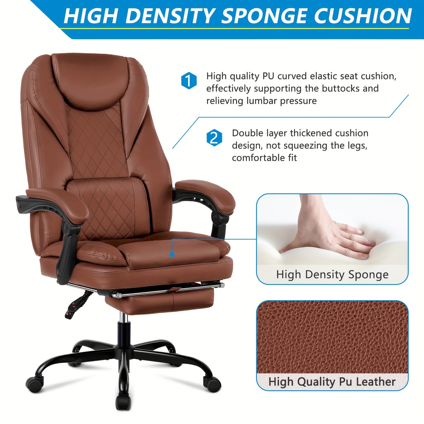 Actflame Executive Office Chair with Footrest, Big and Tall Reclining Leather Chair, High Back Ergonomic Desk Computer Game Chair for Home Office - Veloxea