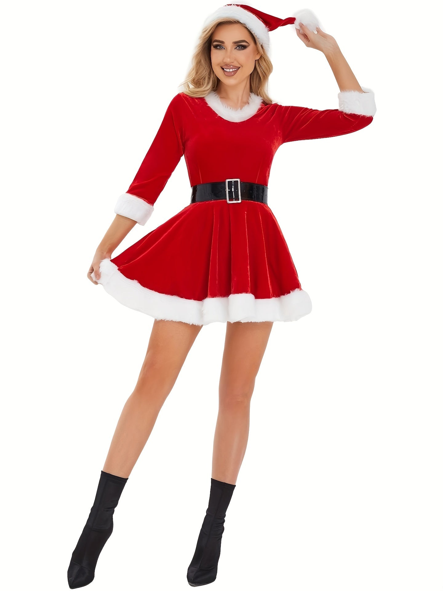 Faux Fur Decor Contrast Trim Dress, Vintage 3/4 Sleeve Aline Swing Dress Up Christmas Dress, Women's Clothing - Veloxea