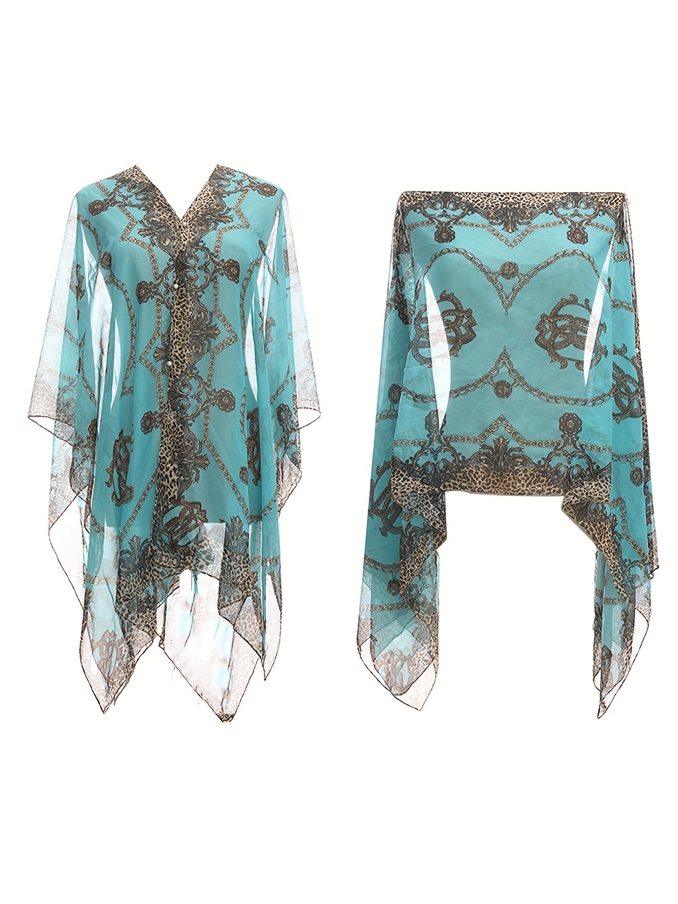 Plus Size Chain Print V Neck Shawl Top, Elegant Long Sleeve Blouse For Spring & Summer, Women's Plus Size Clothing - Veloxea