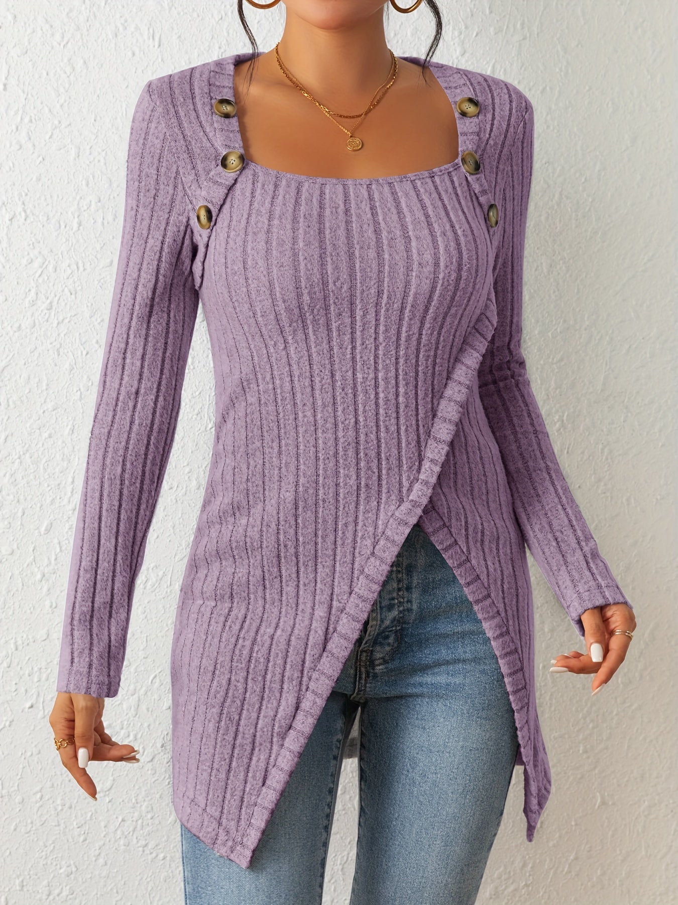 Button Decor Asymmetrical Hem T-Shirt, Casual Ribbed Long Sleeve Top For Spring & Fall, Women's Clothing - Veloxea