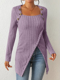 Button Decor Asymmetrical Hem T-Shirt, Casual Ribbed Long Sleeve Top For Spring & Fall, Women's Clothing - Veloxea