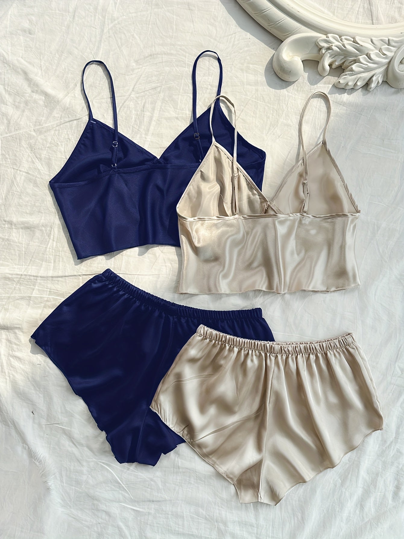 2 Sets Women's Elegant Solid Satin Pajama Set, Bow Tie Front V Neck Crop Cami Top & Shorts, Comfortable Relaxed Fit, Summer Nightwear - Veloxea
