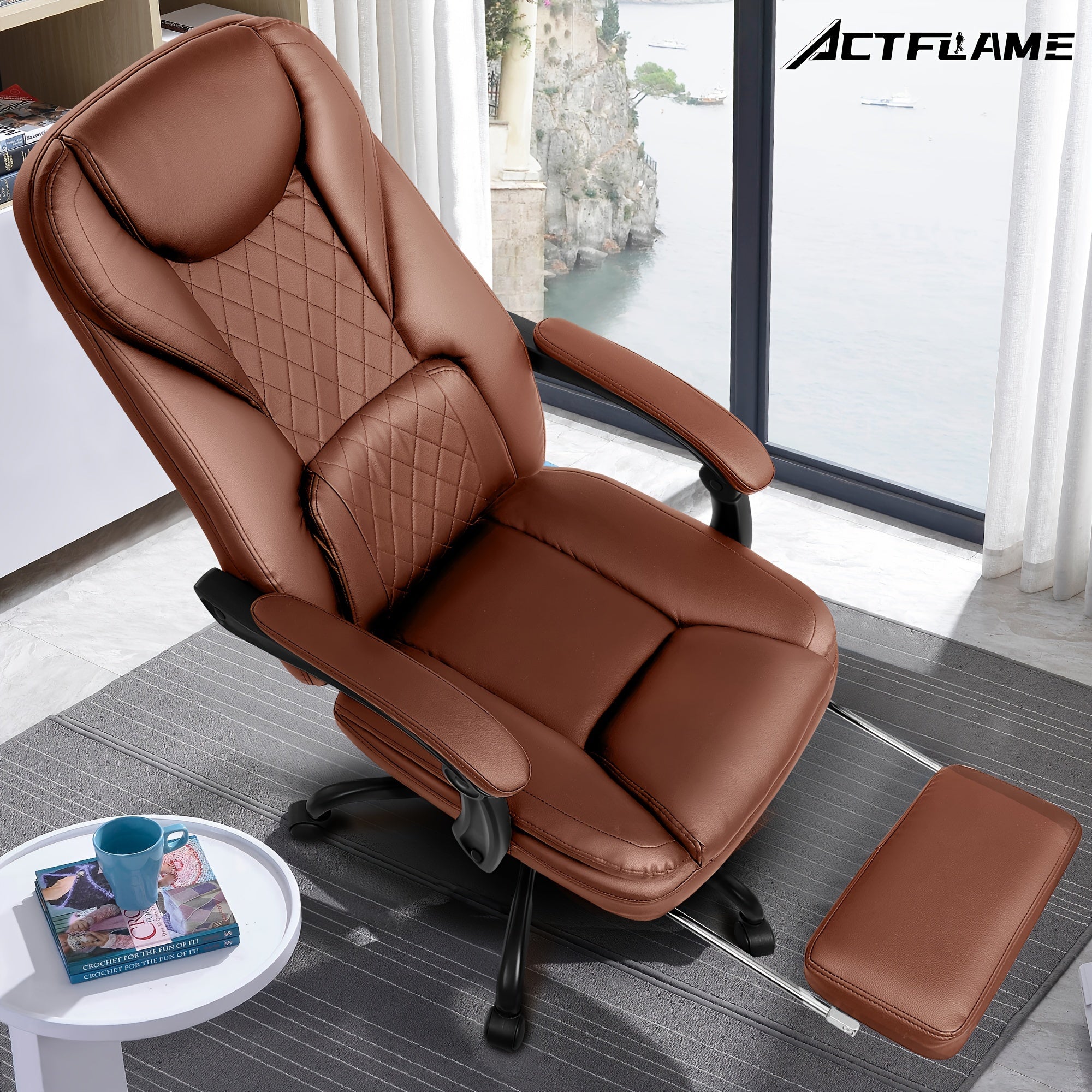 Actflame Executive Office Chair with Footrest, Big and Tall Reclining Leather Chair, High Back Ergonomic Desk Computer Game Chair for Home Office - Veloxea