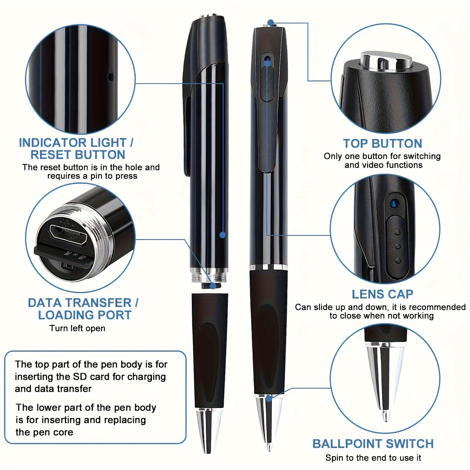 1pc HD 1080P Pen Camera, 64GB Memory Card Included, Portable Mini Surveillance & Security Nanny Cam, Easy-to-Use, For Home Office Meeting Recording, Indoor/Outdoor Use - Veloxea