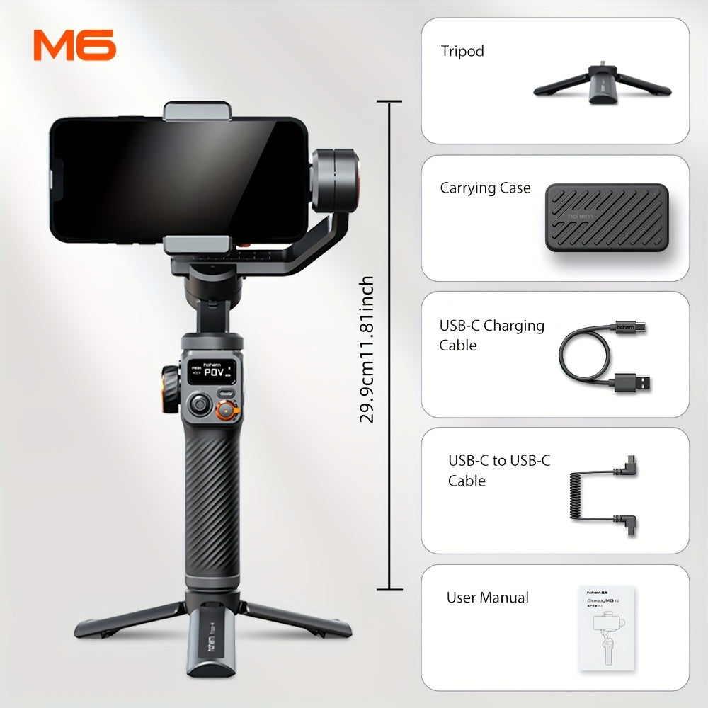 hohem iSteady M6 Gimbal Stabilizer for Smartphone, New Upgrade 3-Axis Phone Gimbal for iPhone & Android, Smart Tracking, 360°Infinite Rotation, 18H Long Battery, OLED Display for Video Recording - Veloxea