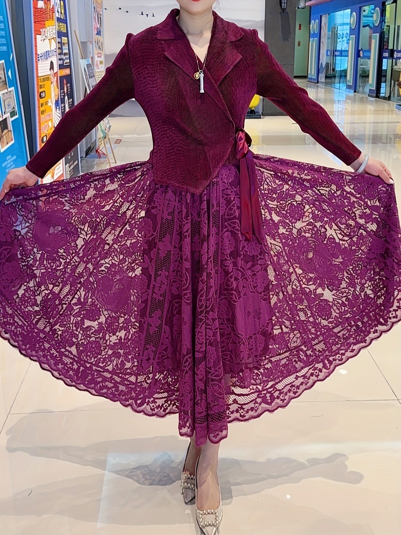 Elegant Plus Size Lace Contrast Midi Dress with Lapel Collar and Long Sleeves - High Stretch Polyester Fabric, Flared Hem