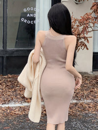 Split Side Ribbed Knitted Bodycon Dress, Elegant Sleeveless Halter Neck Dress For Spring & Summer, Women's Clothing