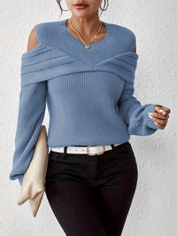 Elegant Cold Shoulder Solid Knit Sweater, Casual Crew Neck Long Sleeve Sweater, Women's Clothing