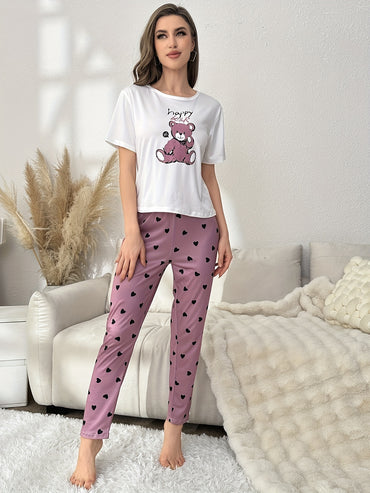 Cartoon Bear & Letter Print Pajama Set, Short Sleeve Crew Neck Top & Elastic Waistband Pants, Women's Sleepwear & Loungewear