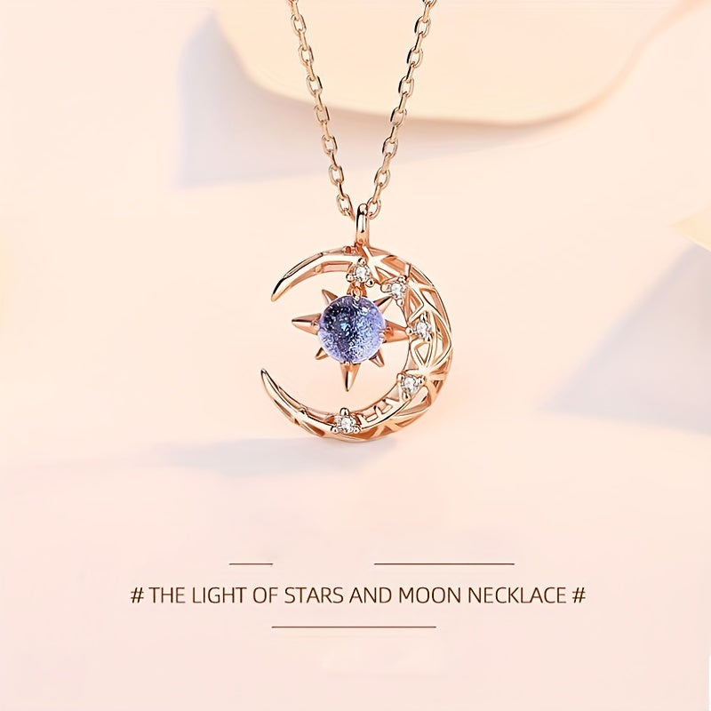 Moon Star Pendant Necklace Inlaid Shiny Moonstone Dainty Clavicle Chain For Women - Veloxea