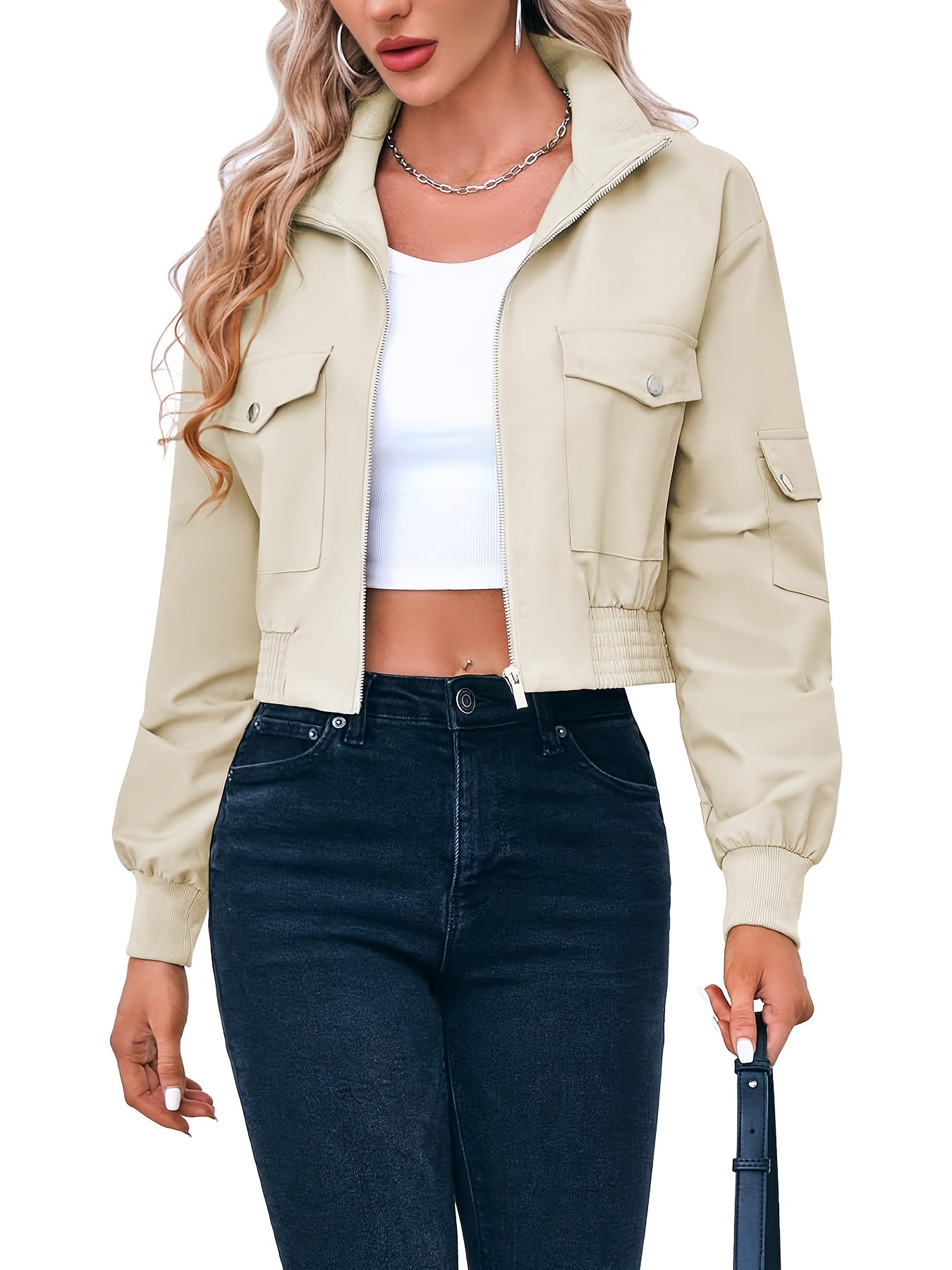 Solid Color Zipper Front Jacket, Casual Lapel Neck Flap Pockets Long Sleeve Button Decor Jacket For Spring & Fall, Women's Clothing