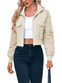 Solid Color Zipper Front Jacket, Casual Lapel Neck Flap Pockets Long Sleeve Button Decor Jacket For Spring & Fall, Women's Clothing