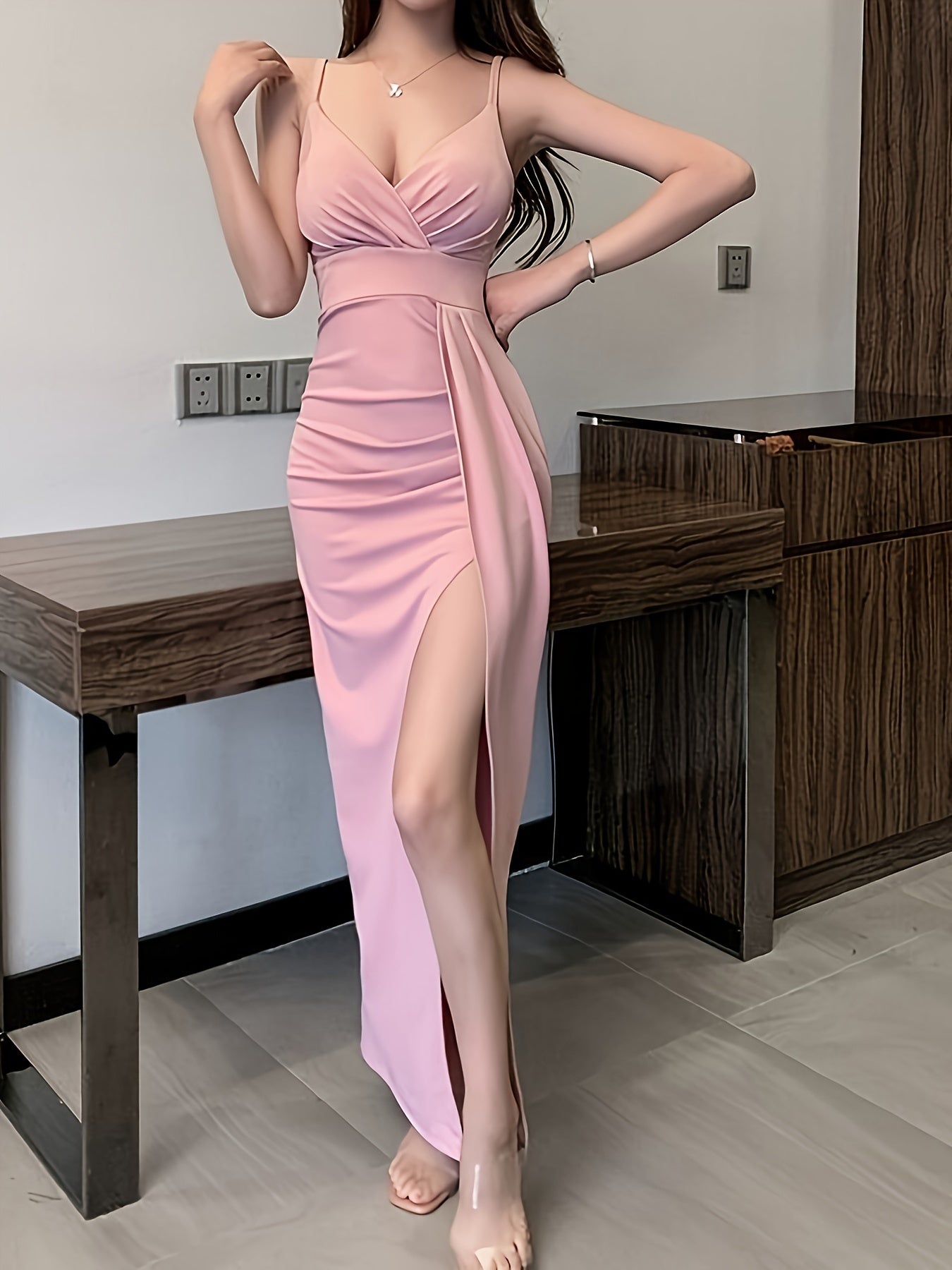 Split Thigh Ruched Bodycon V Neck Dress, Elegant Sleeveless Cami Maxi Dress For Party & Banquet, Women's Clothing