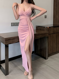 Split Thigh Ruched Bodycon V Neck Dress, Elegant Sleeveless Cami Maxi Dress For Party & Banquet, Women's Clothing