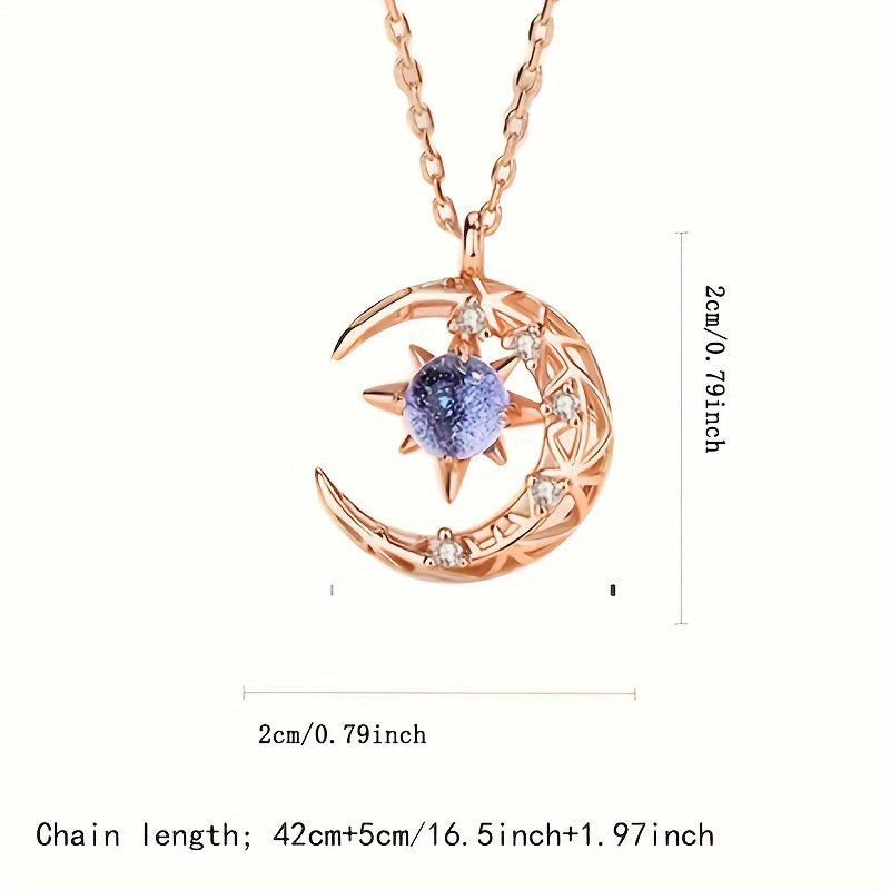 Moon Star Pendant Necklace Inlaid Shiny Moonstone Dainty Clavicle Chain For Women - Veloxea