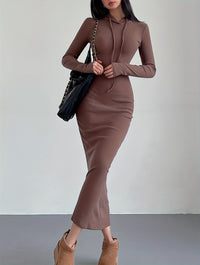 Drawstring Hooded Dress, Casual Long Sleeve Bodycon Dress, Women's Clothing