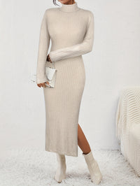 Turtleneck Split Solid Dress, Elegant Long Sleeve Bodycon Midi Dress, Women's Clothing