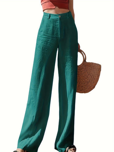 Solid Color Straight Leg Pants, Casual High Waist Loose Pants For Spring & Summer, Women's Clothing