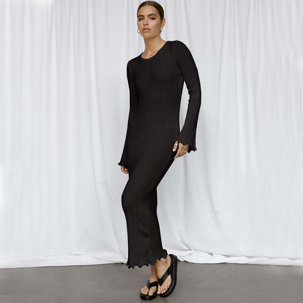 Slim Long-sleeved Ruffled Dress Sexy Hip-wrapped Back-less Knitted Dresses