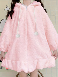 Zipper Front Anime Bunny Ears Hooded Coat, Cute Ruffle Hem Long Sleeve Drawstring Fleece Coat, Women's Clothing