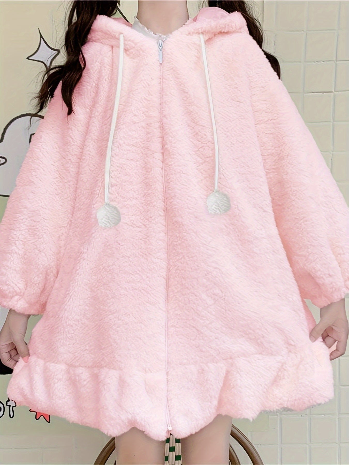Zipper Front Anime Bunny Ears Hooded Coat, Cute Ruffle Hem Long Sleeve Drawstring Fleece Coat, Women's Clothing