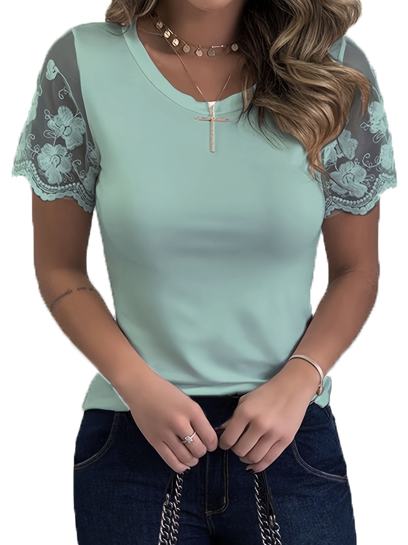 Women's T-Shirt Elegant Lace Short Sleeve Cut Out Crew Neck Loose Casual Summer T-Shirt