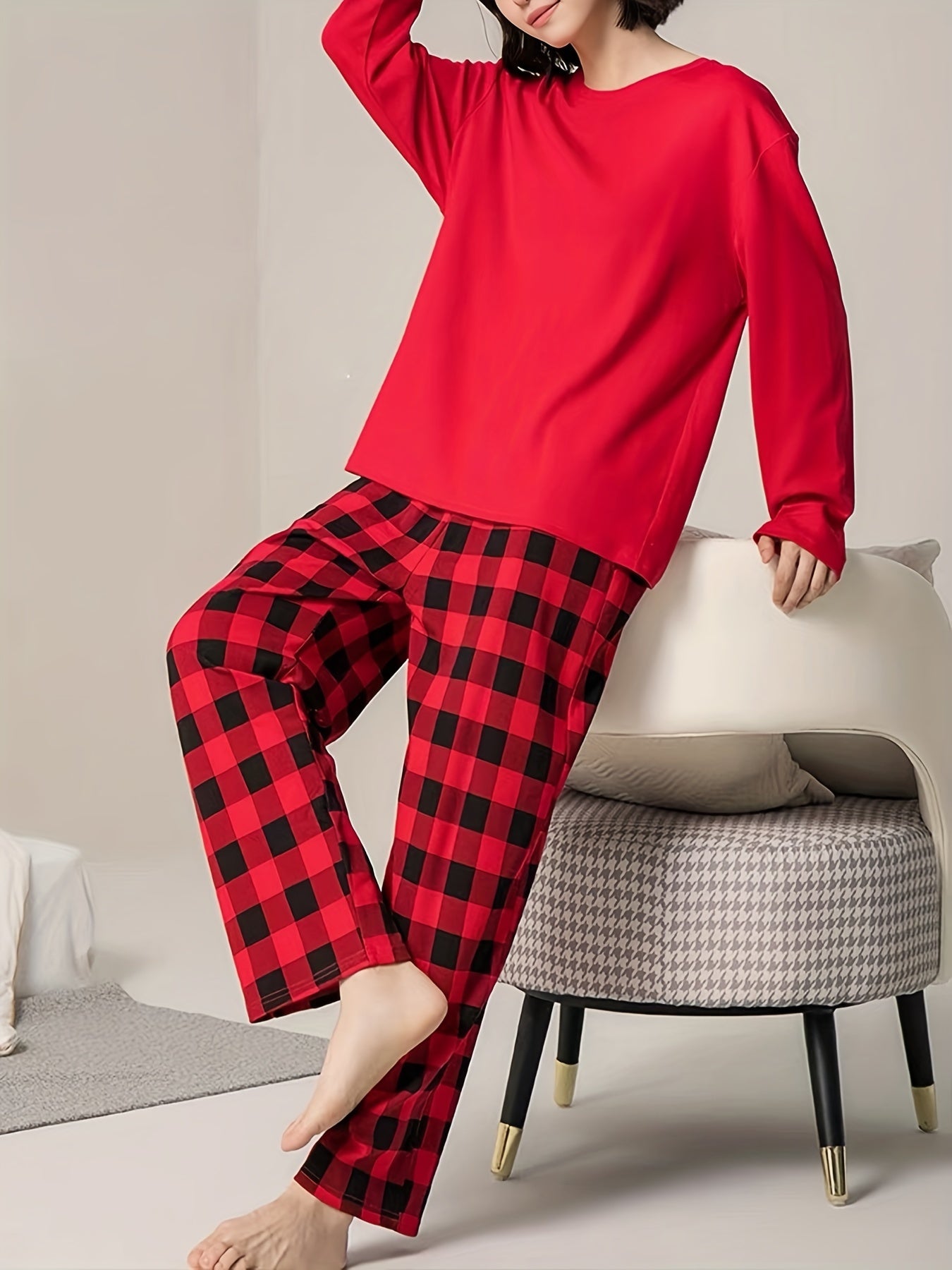 Plaid Print Pajama Set, Long Sleeve Crew Neck Top & Elastic Waistband Plaid Pants, Women's Sleepwear & Loungewear