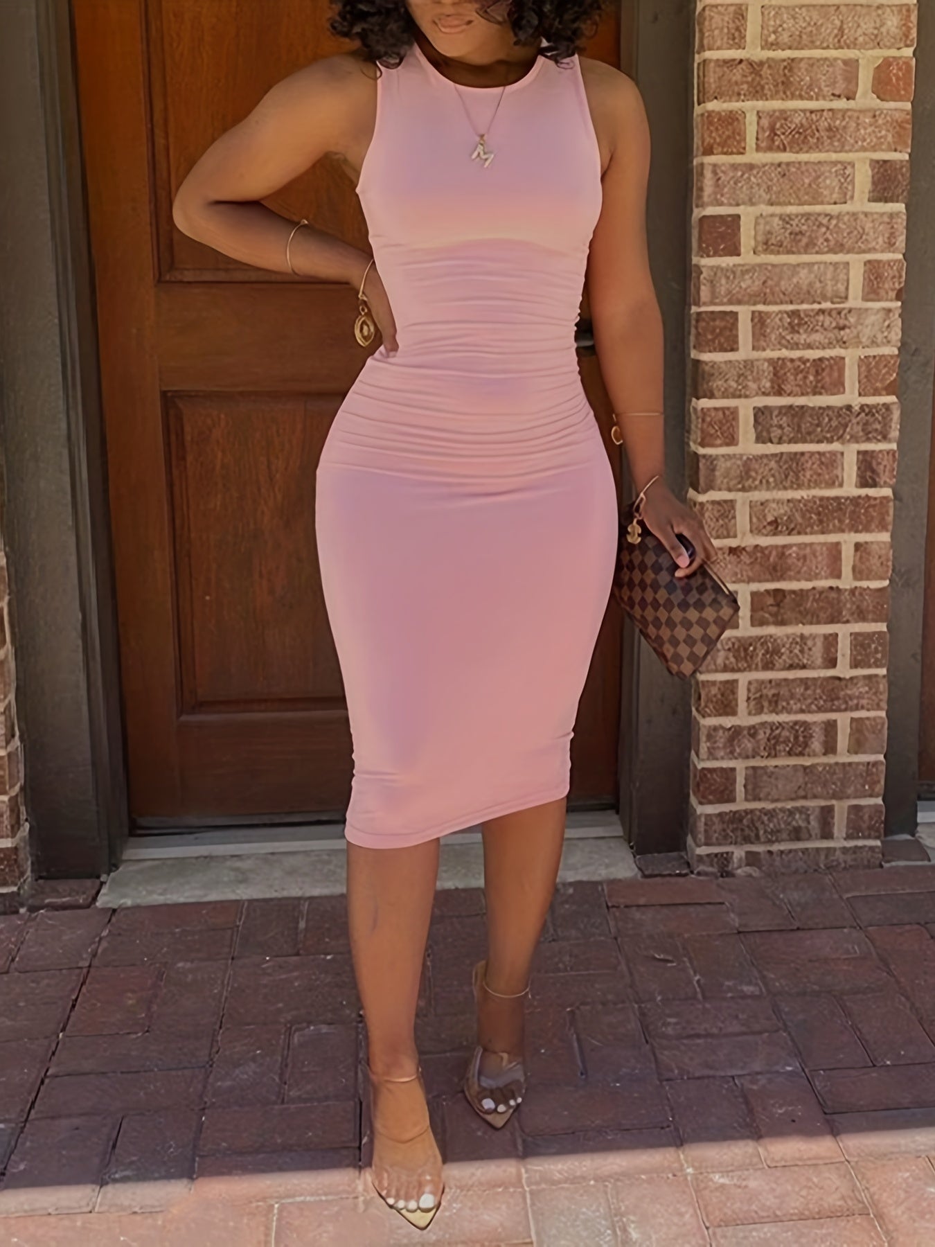 Bodycon Crew Neck Dress, Casual Sleeveless Tank Dress, Women's Clothing