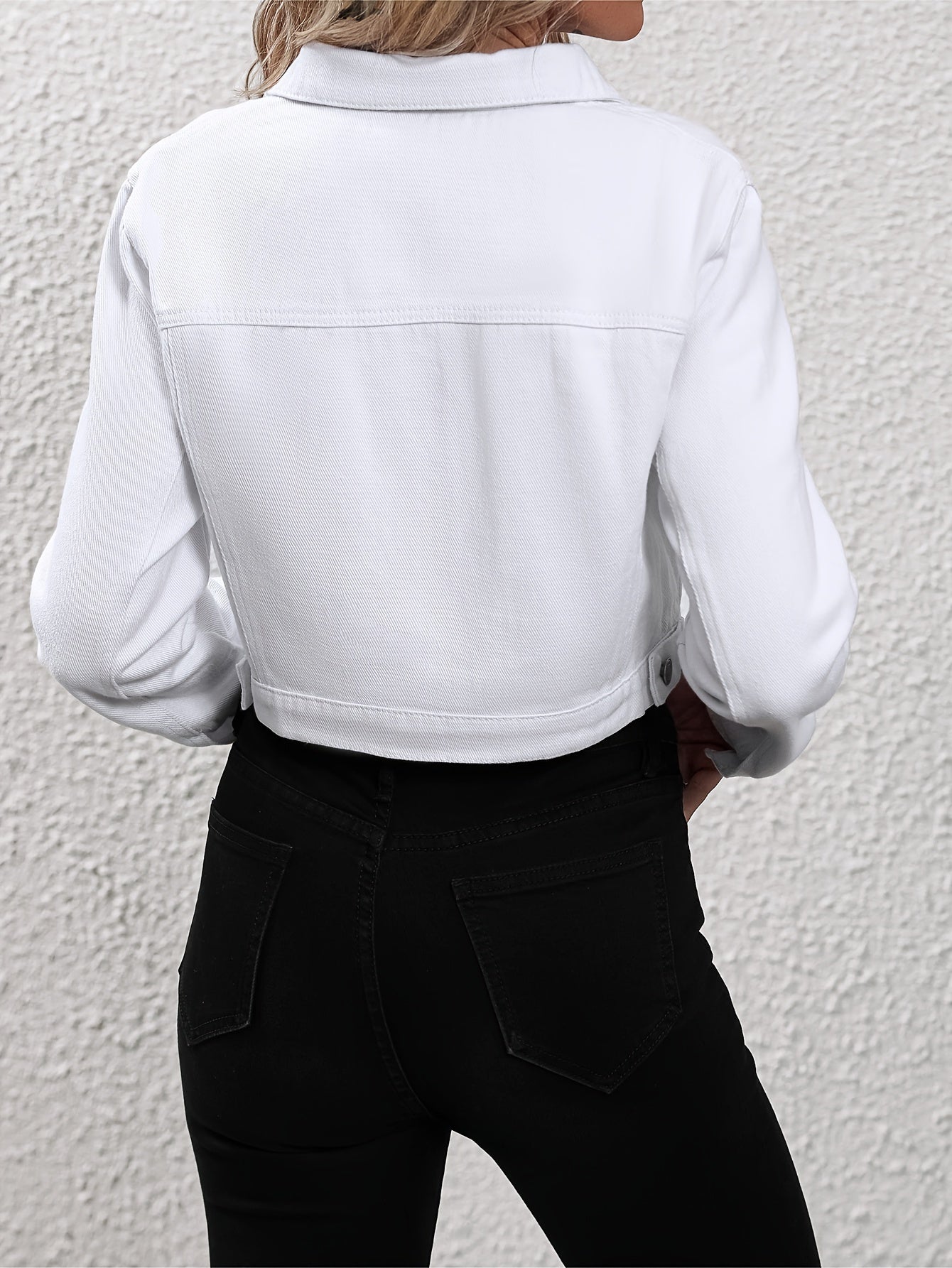 White Long Sleeves Denim Jackets, Single-Breasted Button Flap Pockets Lapel Denim Coats, Women's Denim Clothing - Veloxea